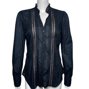 Lucky Brand Button Up Shirt Womens Size M Lace Accents Long Sleeve Cotton Black